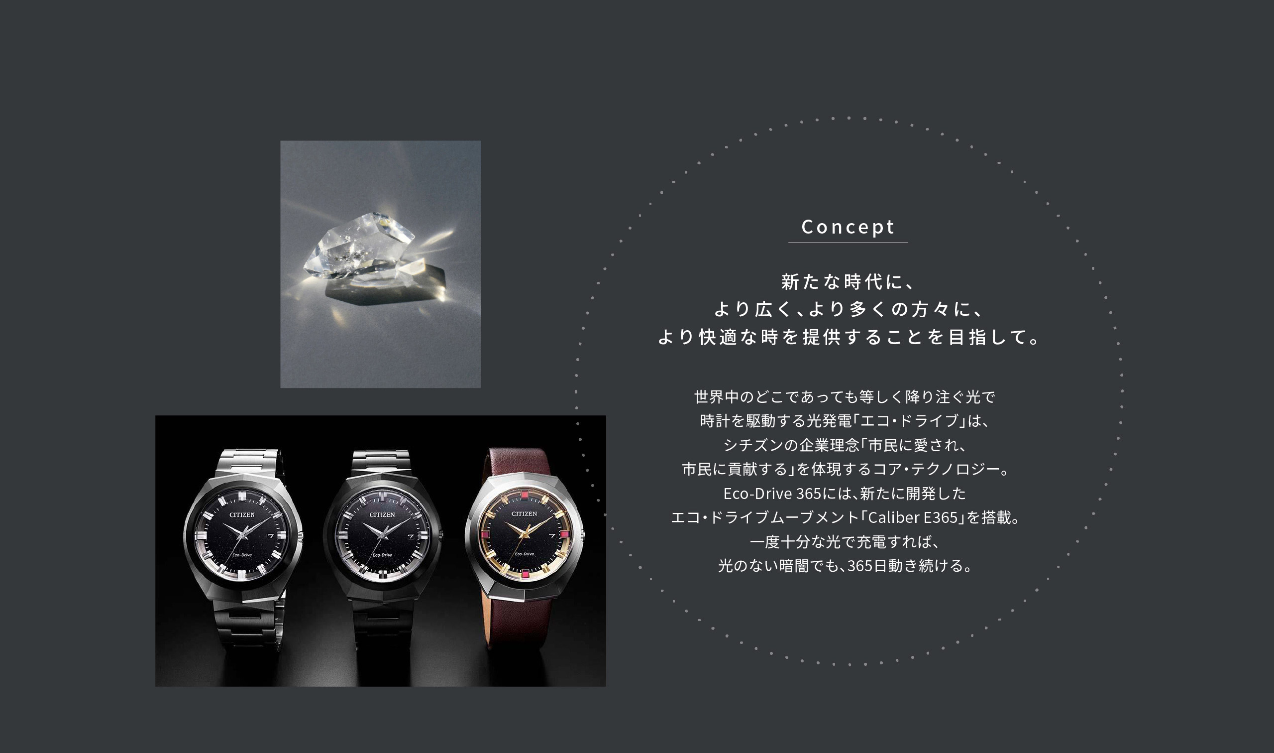 Concept｜新たな時代に、より広く、より多くの方々に、より快適な時を提供することを目指して。世界中のどこであっても等しく降り注ぐ光で時計を駆動する光発電「エコ・ドライブ」は、シチズンの企業理念「市⺠に愛され、市⺠に貢献する」を体現するコア・テクノロジー。Eco-Drive 365には、新たに開発したエコ・ドライブムーブメント「Caliber E365」を搭載。一度十分な光で充電すれば、光のない暗闇でも、365日動き続ける。